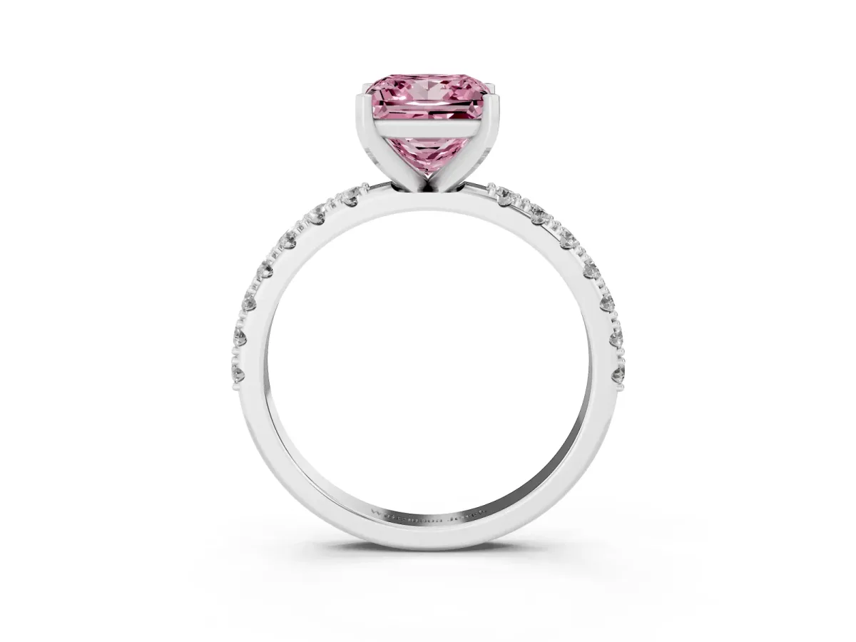 Fancy Pink Princess Cut Diamond Solitaire Pavé Band with Four-Prong Setting Silver