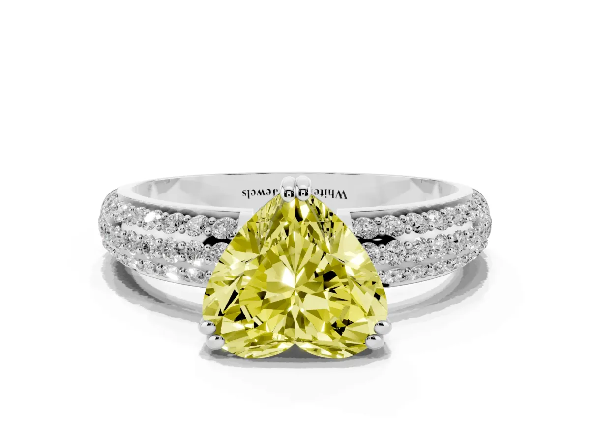 Fancy Yellow Heart Cut Diamond Solitaire Ring with Multi-Row Round Pavé Band and Prong Setting White gold