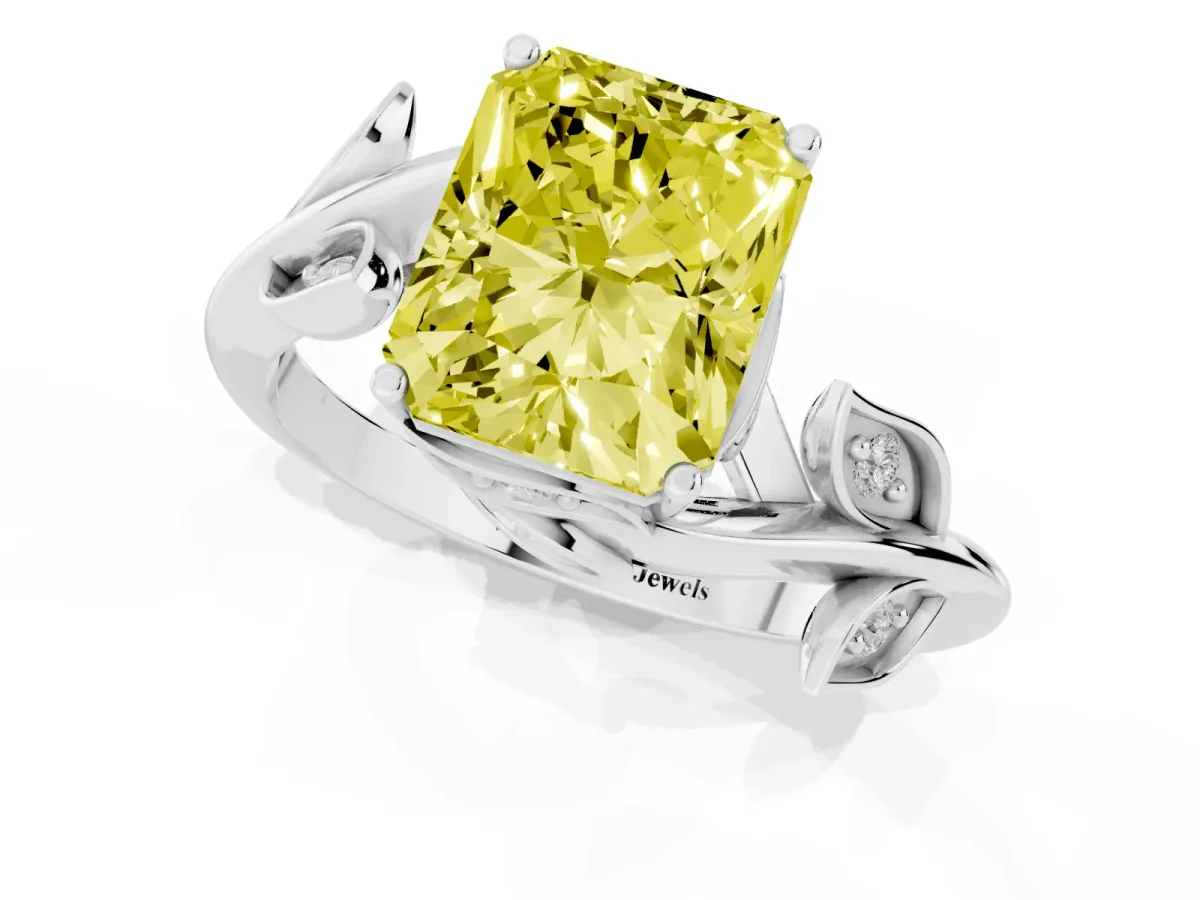 Fancy Yellow Radiant Cut Solitaire Twist Engagement Ring with Leaf Accents and Prong Setting Silver