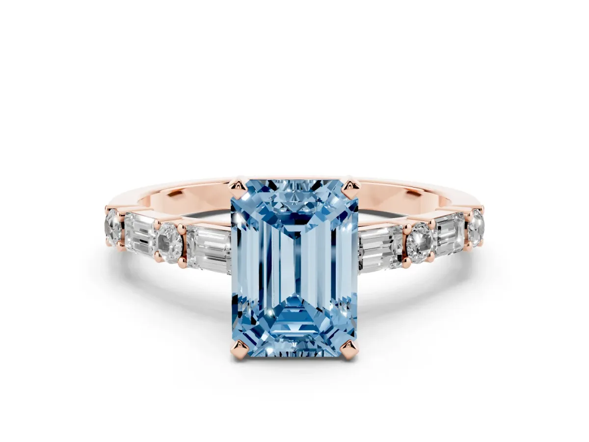 Fancy Blue Emerald Cut Diamond Solitaire with Side Baguettes and Channel Set Band Rose gold