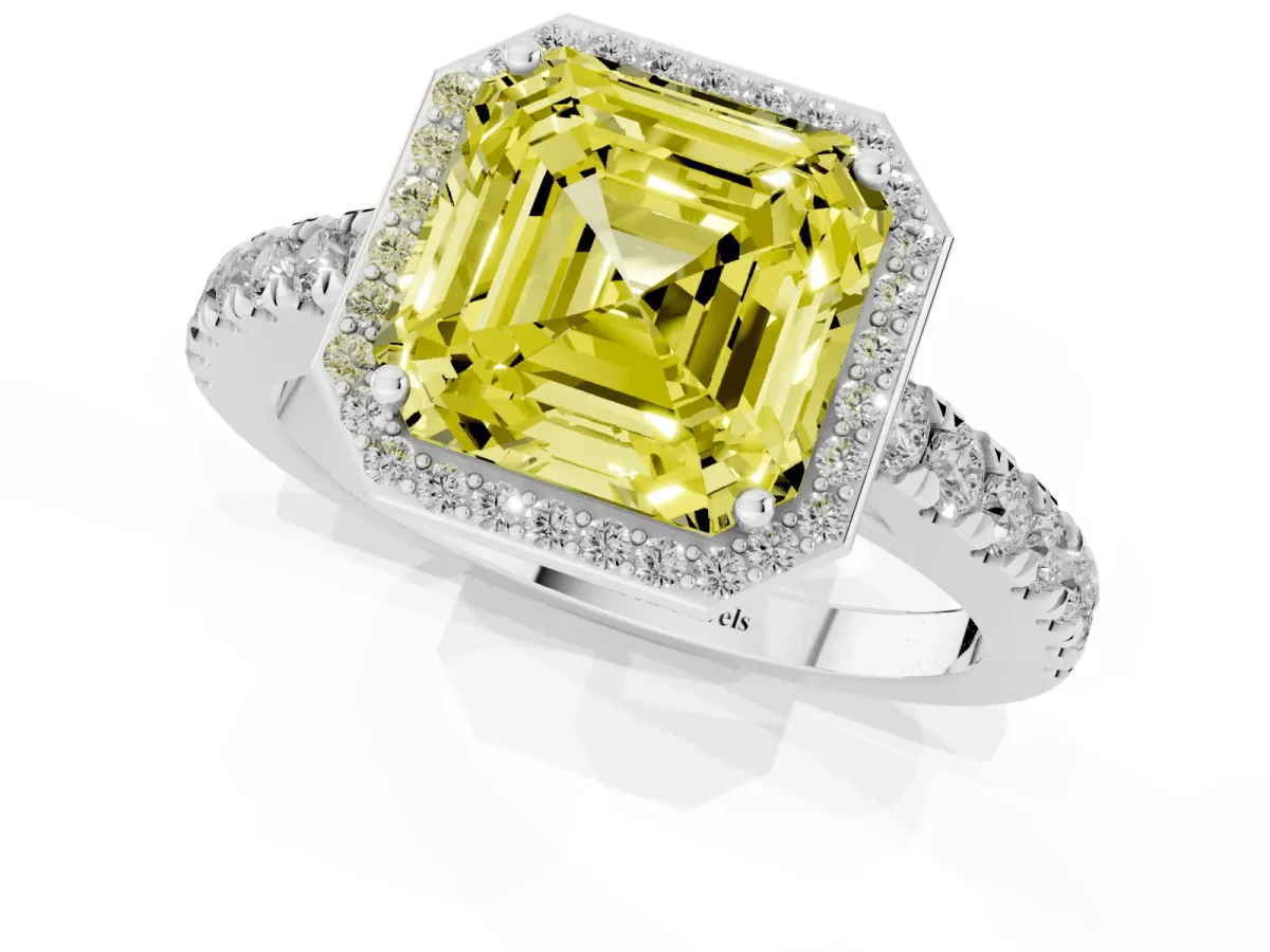 Fancy Yellow Asscher Cut Cut Halo Diamond Engagement Ring with Pave Band and Four-Prong Setting Platinum