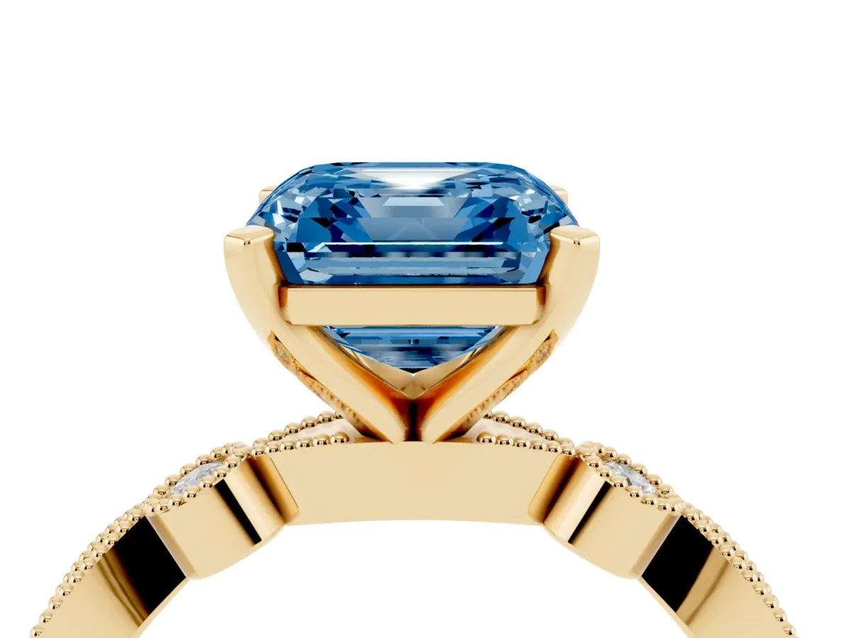 Fancy Blue Asscher Cut Milgrain Bezel Diamond Engagement Ring with Solitaire Prong Setting Yellow gold