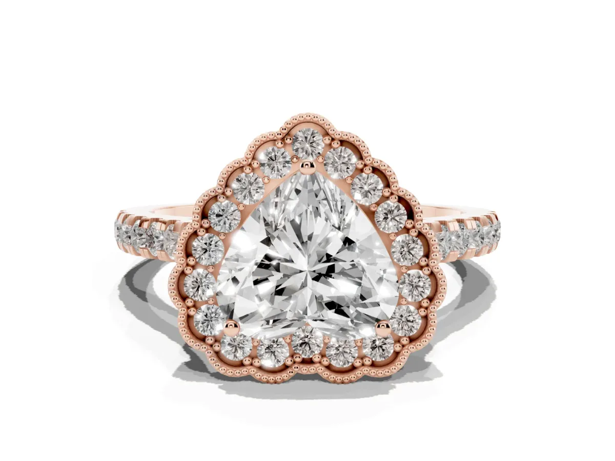 Heart Cut Cut Diamond Milgrain Floral Halo Engagement Ring with Pavé Band Rose gold