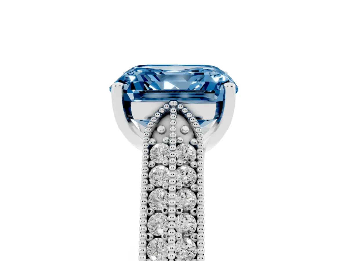 Fancy Blue Asscher Cut Cut Pave Split Shank Engagement Ring with Four-Prong Setting Platinum