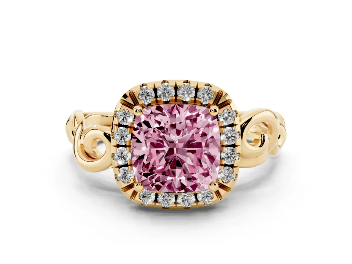 Fancy Pink Cushion Cut Cut Halo Diamond Ring with Scrollwork Band and Four-Prong Setting Yellow gold