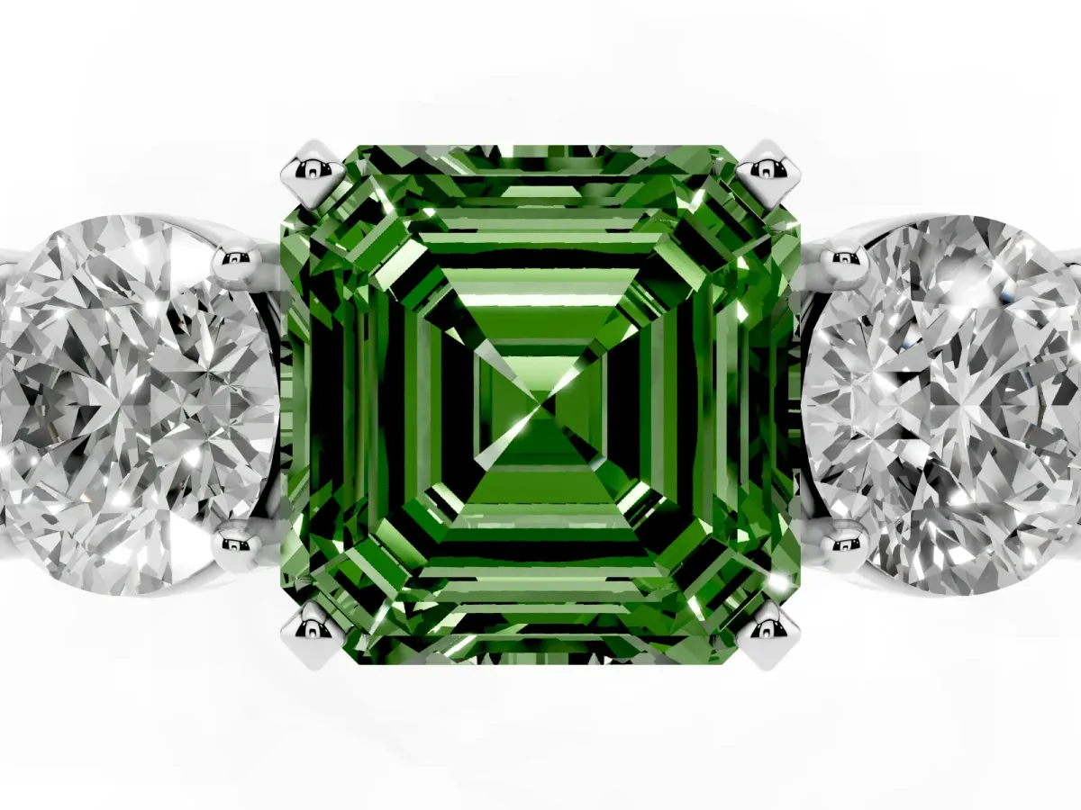 Fancy Green Three-Stone Asscher Cut Diamond Ring with Round Side Stones, Classic Band, and Four-Prong Setting Platinum