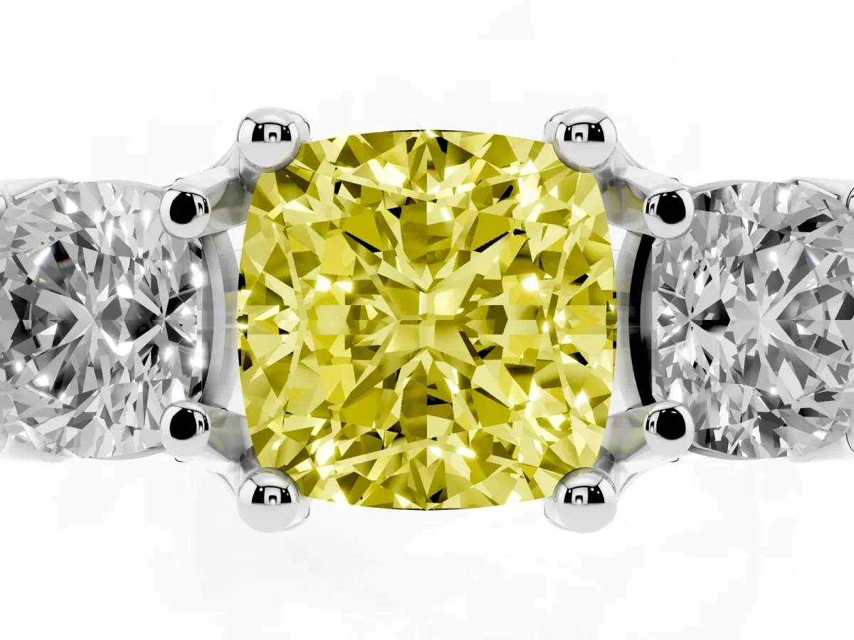 Fancy Yellow Cushion Cut Diamond Three-Stone Ring with Channel Set Band and Four-Prong Setting Silver