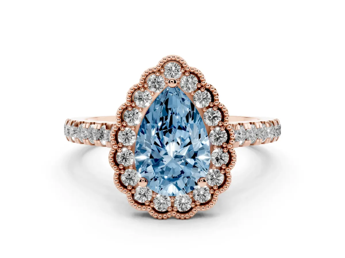 Fancy Blue Pear Cut Cut Diamond Milgrain Floral Halo Engagement Ring with Pavé Band Rose gold