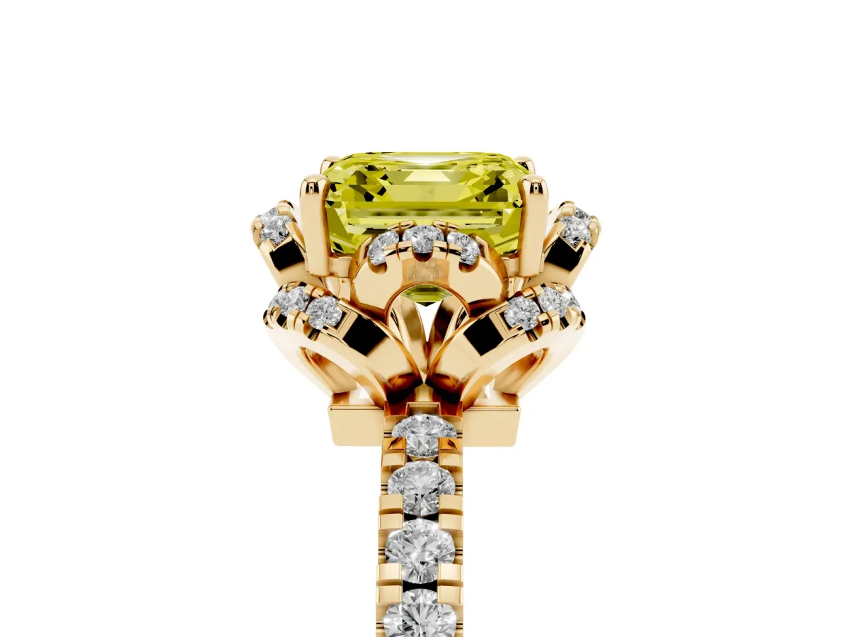 Fancy Yellow Asscher Cut Diamond Halo Pave Band with Four-Prong Setting Yellow gold