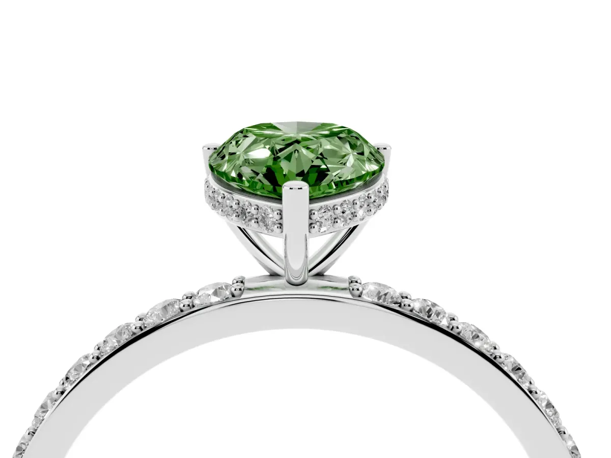 Fancy Green Pear Cut Diamond Solitaire Ring with Pavé Band and Hidden Halo Platinum
