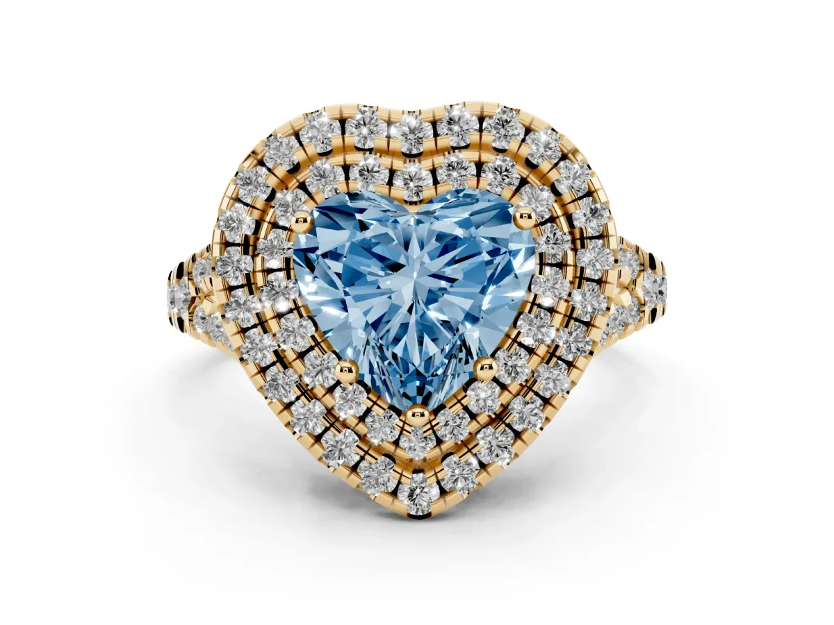 Fancy Blue Double Halo Heart Cut Diamond Pavé Split Shank Ring with Prong Setting Yellow gold