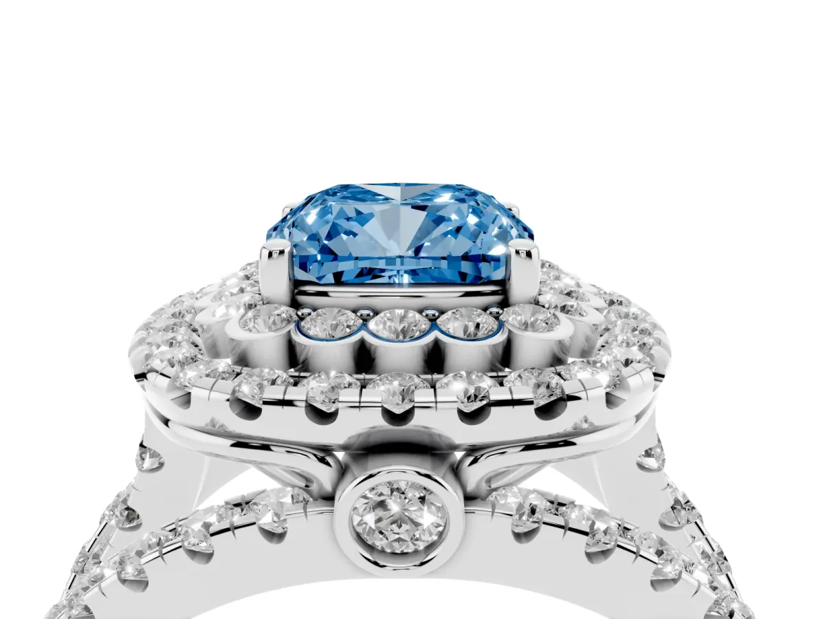 Fancy Blue Cushion Cut Diamond Double Halo Ring with Round Pavé Split Shank and Prong Setting Silver