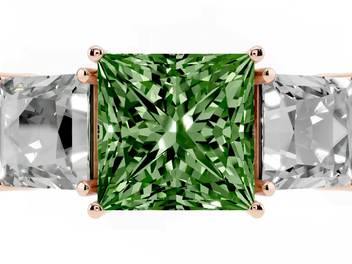 Fancy Green Three-Stone Princess Cut Cut Milgrain Pavé Engagement Ring Rose gold