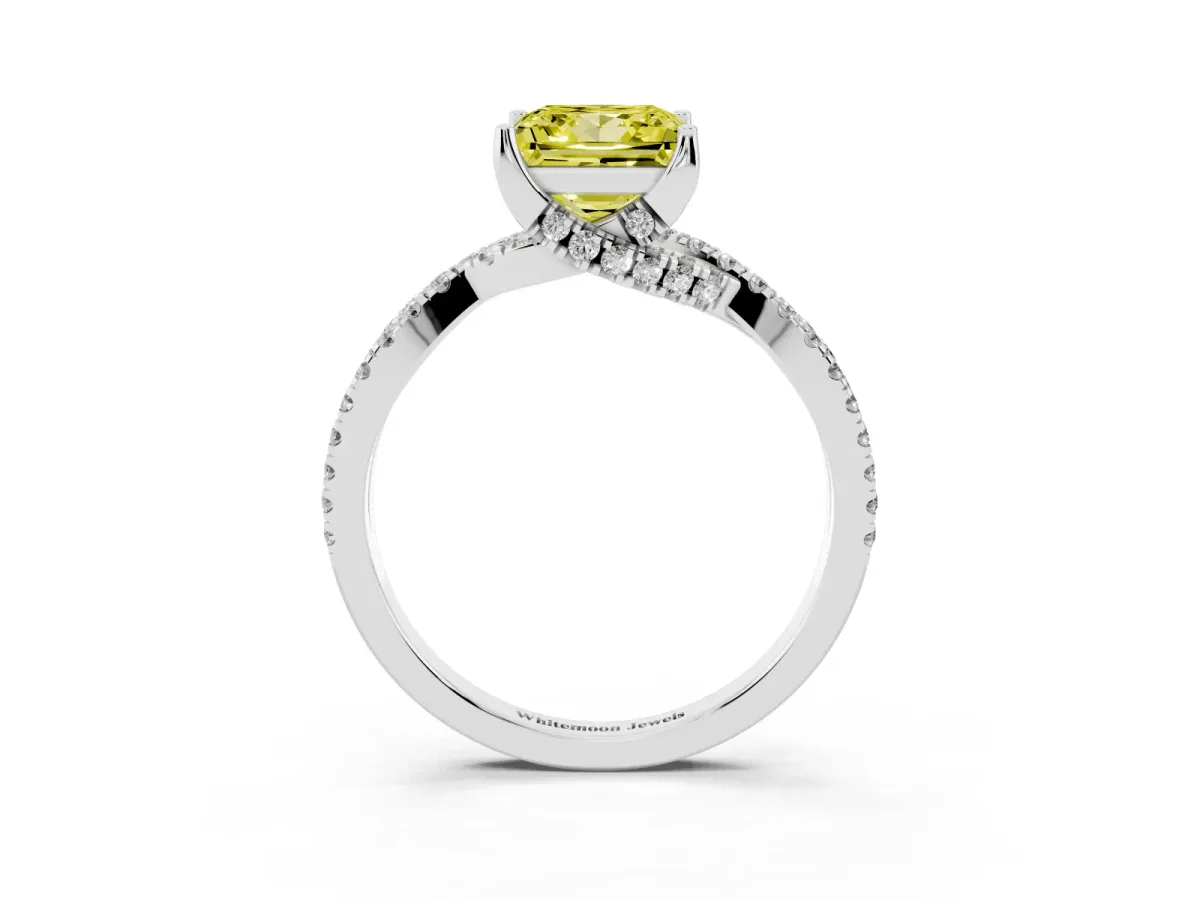 Fancy Yellow Princess Cut Solitaire Twist Pave Diamond Engagement Ring with Prong Setting Silver