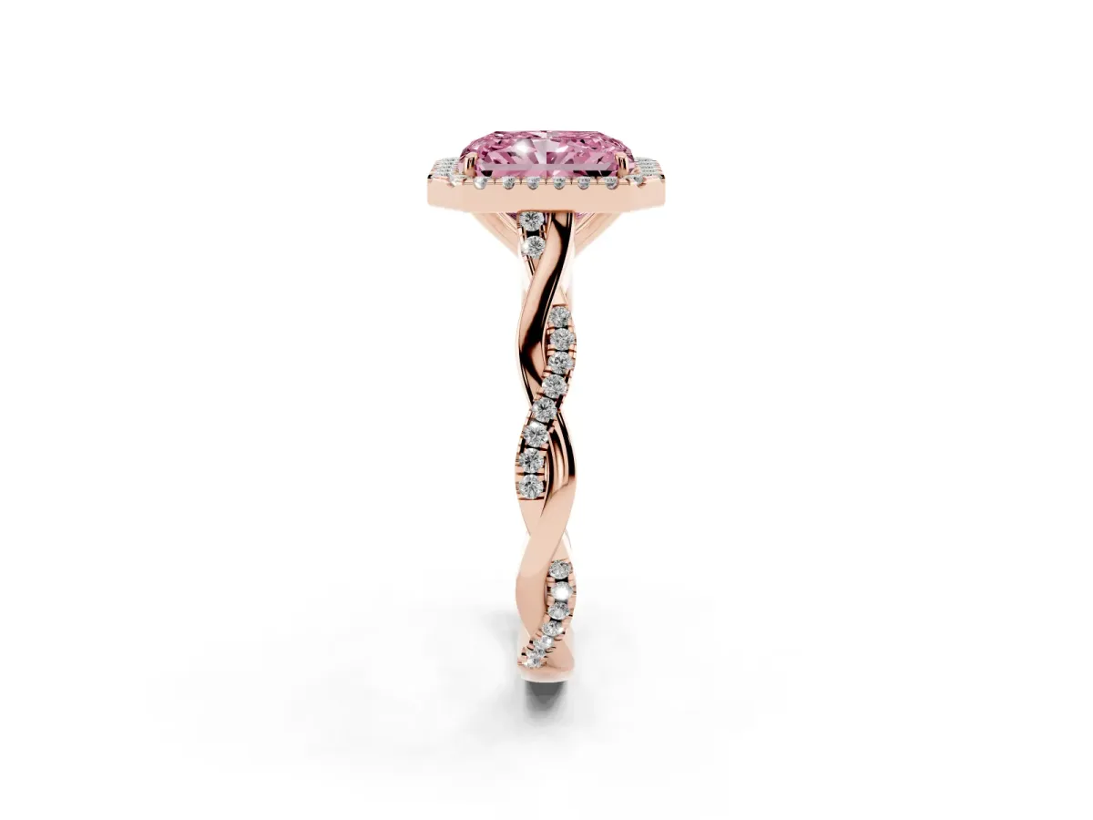 Fancy Pink Radiant Cut Halo Twist Band Solitaire Ring Rose gold
