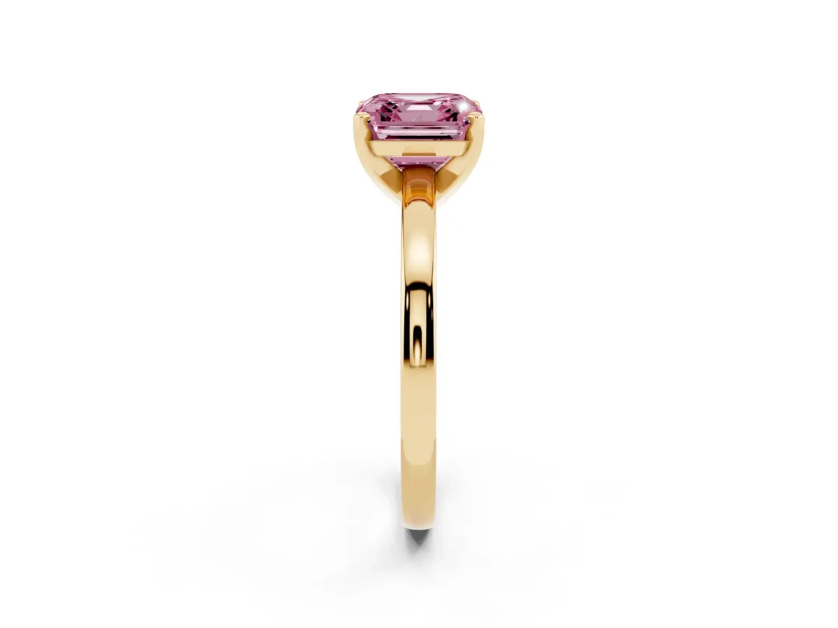 Fancy Pink Asscher Cut Solitaire Diamond Engagement Ring with Four-Prong Setting on a Classic Band Yellow gold