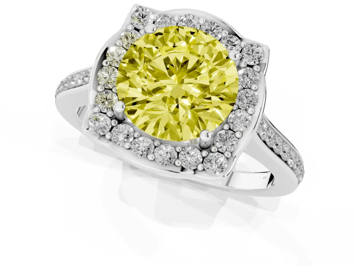 Fancy Yellow Round Cut Halo Round Diamond Pave Band with Four-Prong Setting Platinum