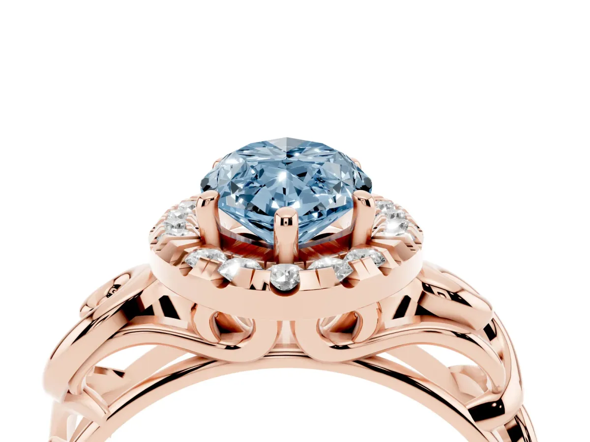 Fancy Blue Marquise Cut Cut Halo Diamond Ring with Scrollwork Band and Four-Prong Setting Rose gold