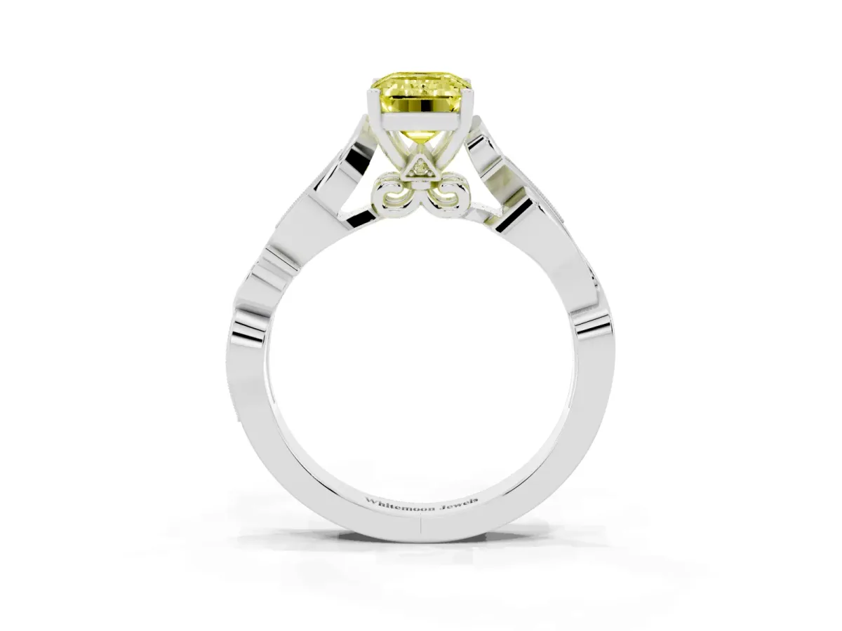 Fancy Yellow Emerald Cut Solitaire Vine Band with Milgrain Prong Setting White gold
