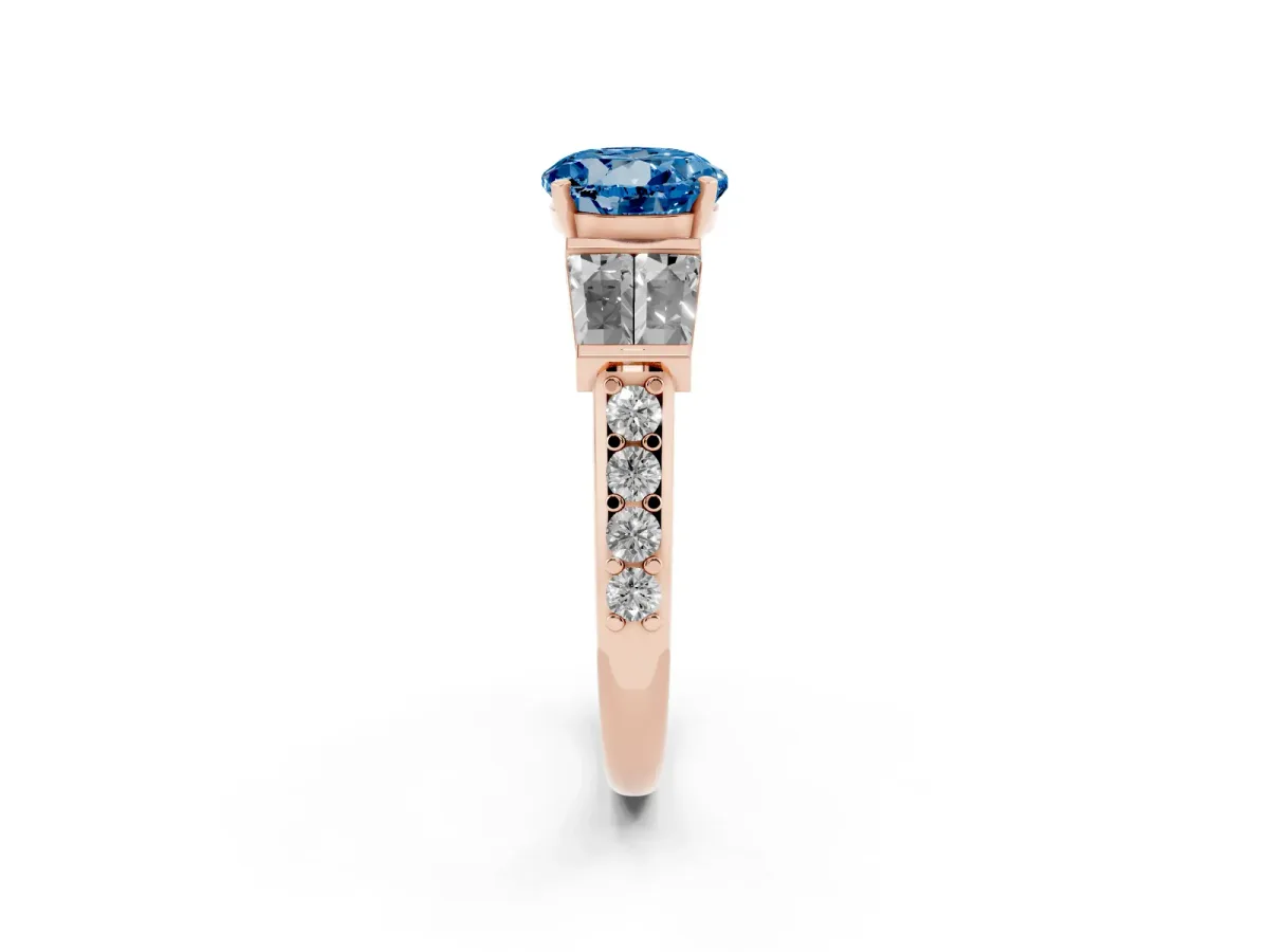 Fancy Blue Round Cut Diamond Engagement Ring with Baguette Side Stones and Channel Set Band Rose gold