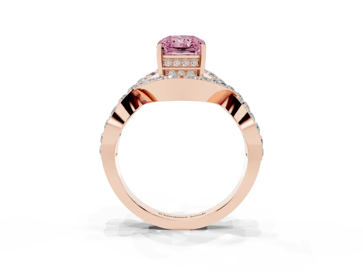 Fancy Pink Radiant Cut Solitaire Twist Band Pavé Diamond Engagement Ring Rose gold