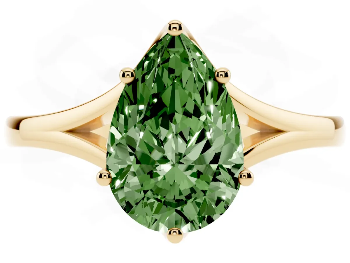 Fancy Green Pear Cut Solitaire Diamond Ring with Six-Prong Setting and Tapered Band Yellow gold