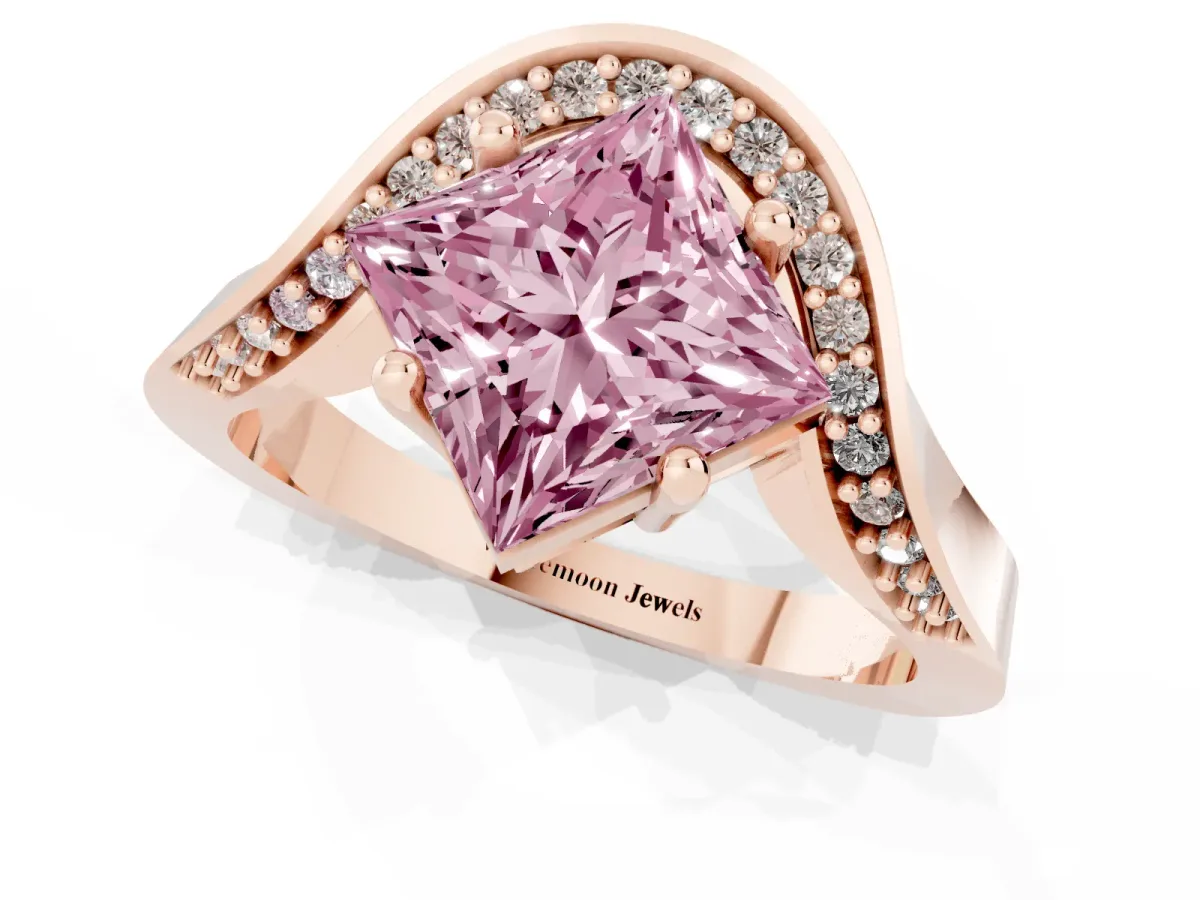Fancy Pink Princess Cut Solitaire Diamond Engagement Ring with Pave Band and Four-Prong Setting Rose gold