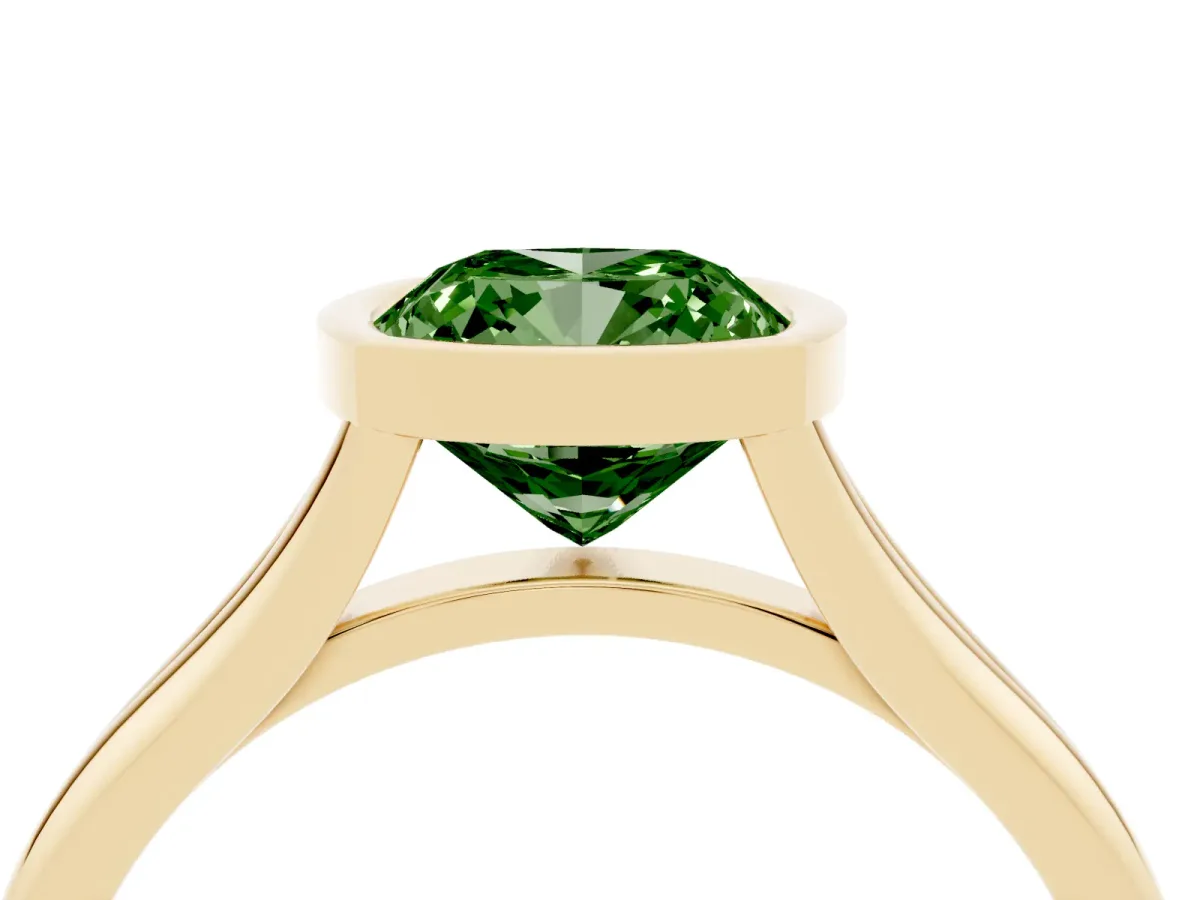 Fancy Green Bezel Set Cushion Cut Cut Solitaire Ring with Tapered Band Yellow gold