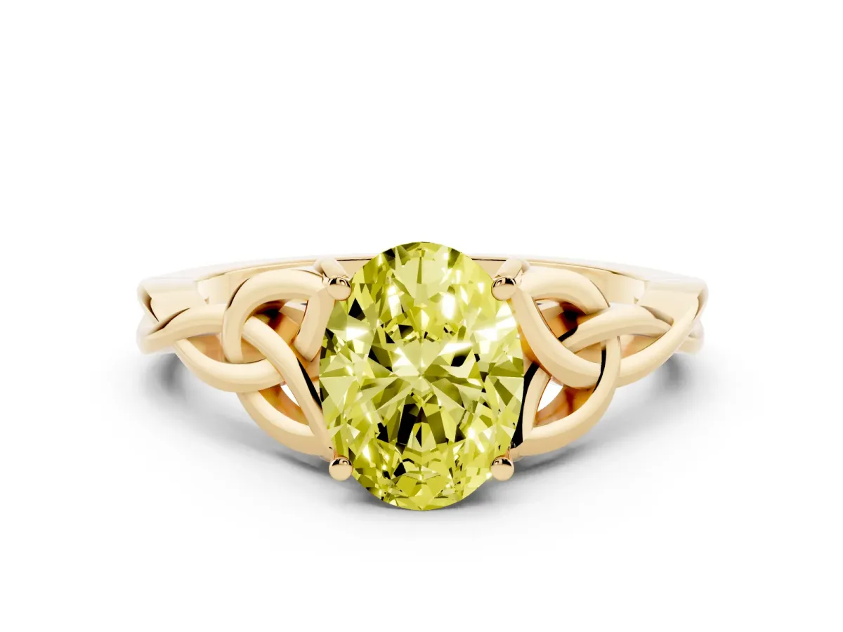 Fancy Yellow Oval Cut Diamond Solitaire Engagement Ring with Celtic Knot Band and Four-Prong Setting Yellow gold