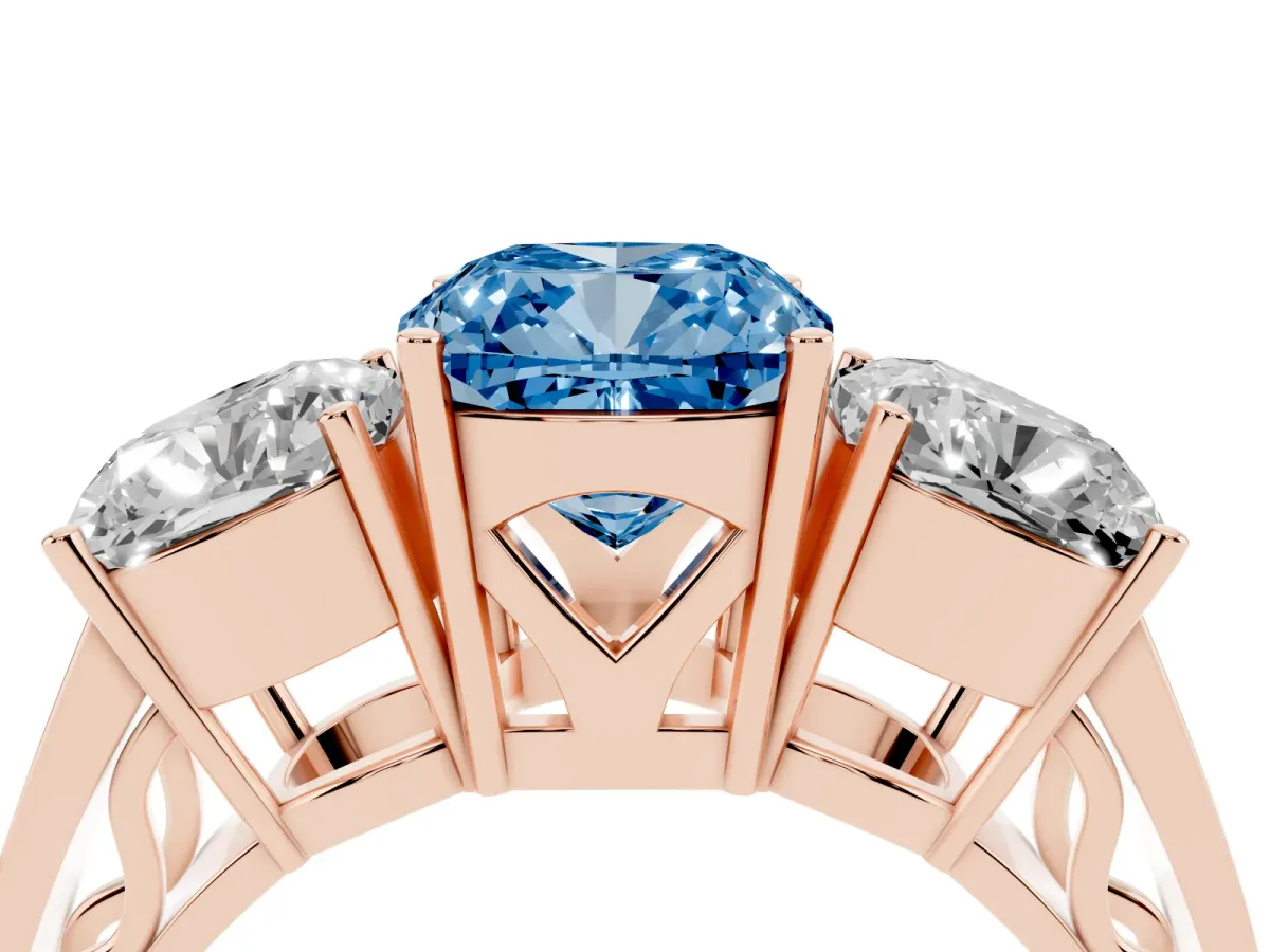 Fancy Blue Cushion Cut Diamond Three-Stone Ring with Prong Setting and Textured Band Rose gold