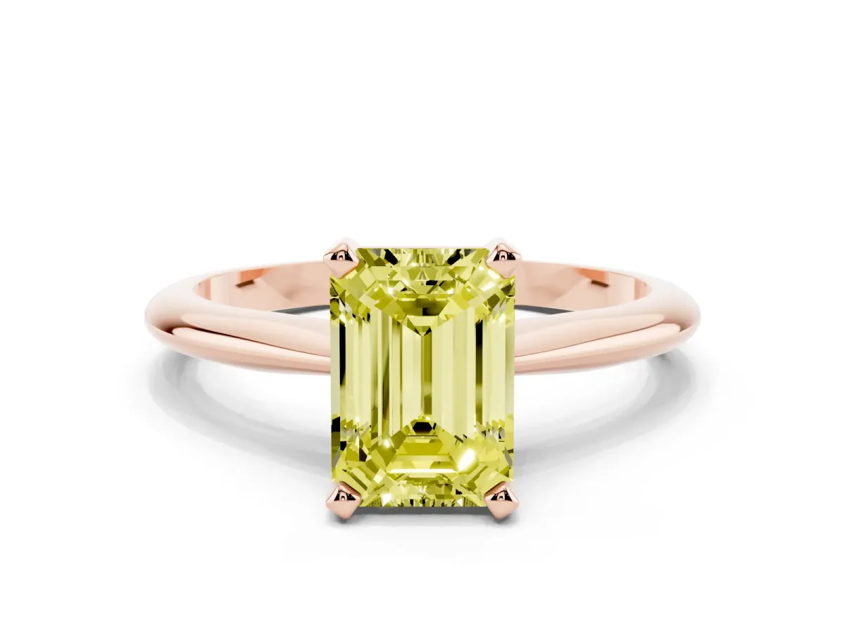 Fancy Yellow Emerald Cut Cut Solitaire Ring with Four-Prong Setting on a Classic Band Rose gold