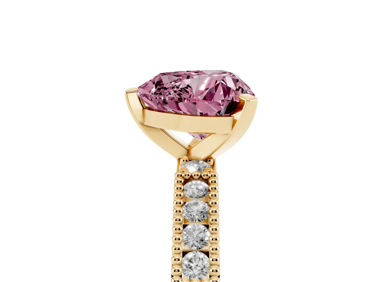 Fancy Pink Heart Cut Solitaire with Pavé Band and Four-Prong Setting Yellow gold