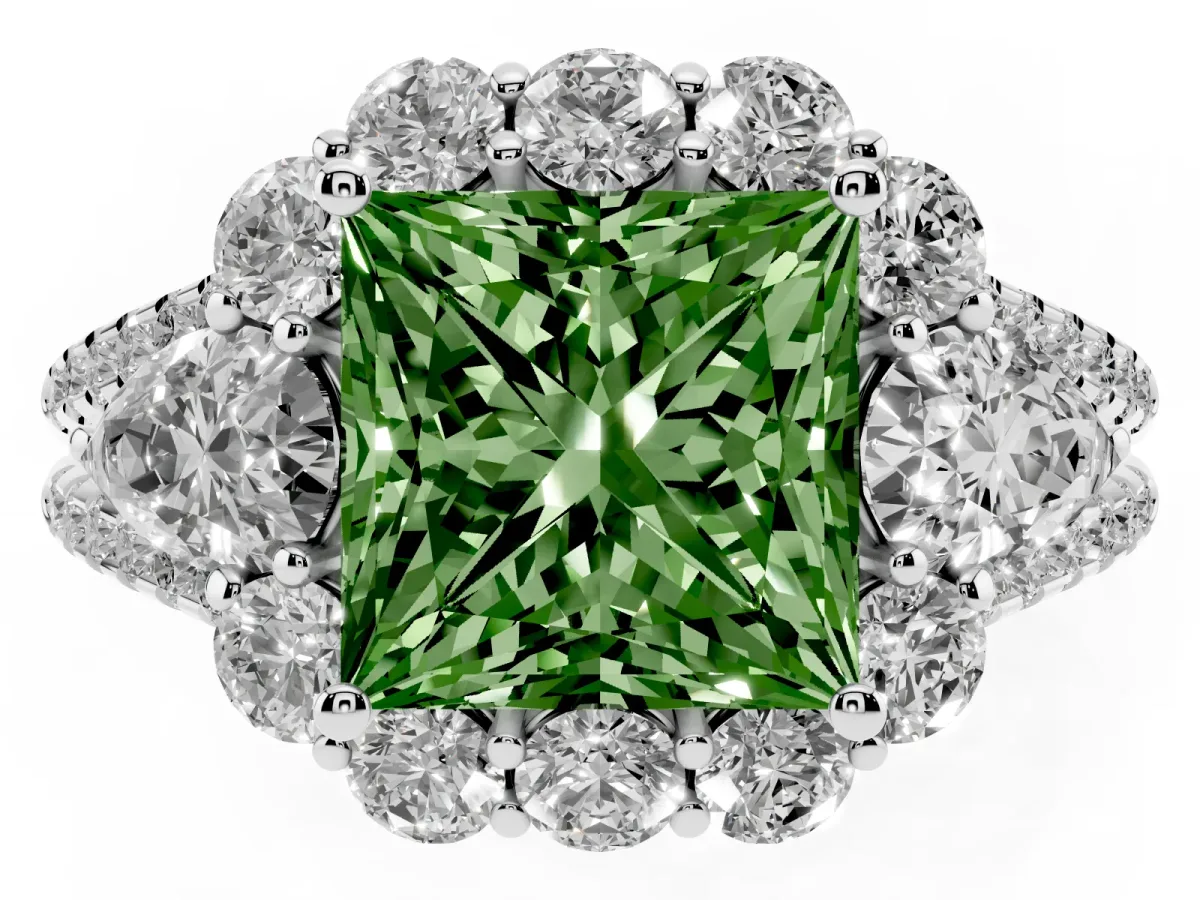 Fancy Green Princess Cut Halo Split Shank Diamond Engagement Ring with Prong Setting Silver