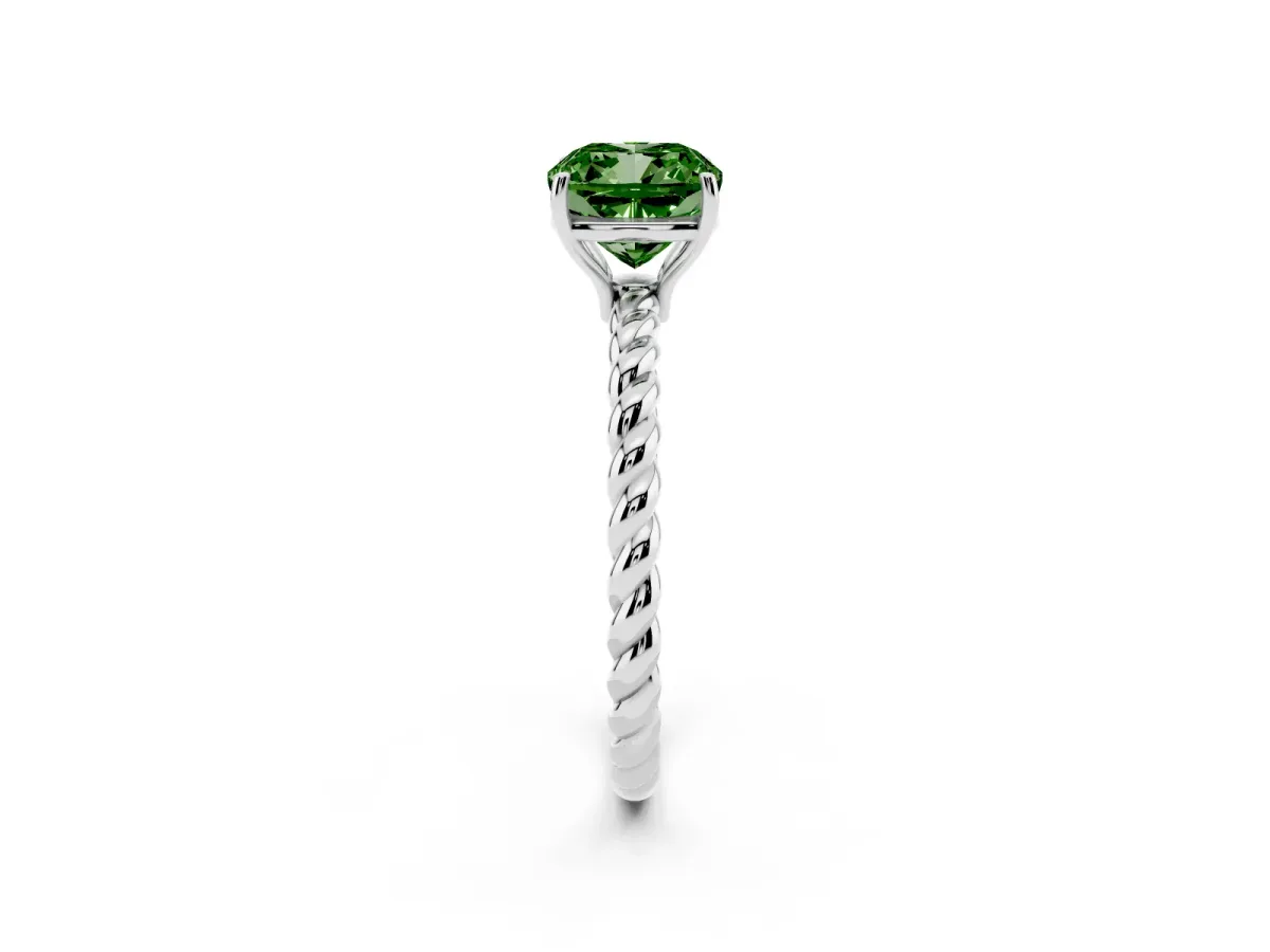 Fancy Green Cushion Cut Solitaire Twist Band Ring with Four-Prong Setting Silver