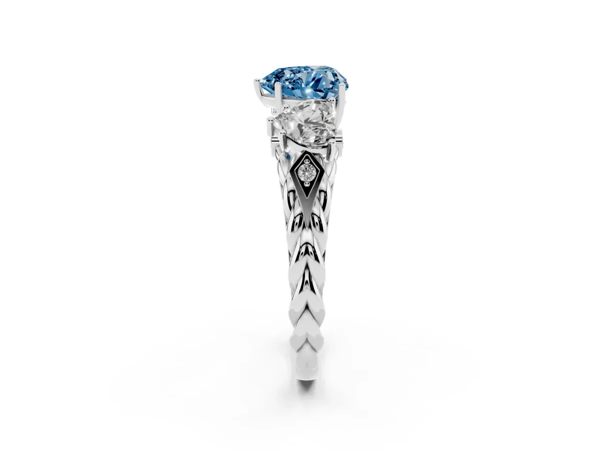 Fancy Blue Three-Stone Heart Cut Diamond Braided Band Ring with Four-Prong Setting Platinum
