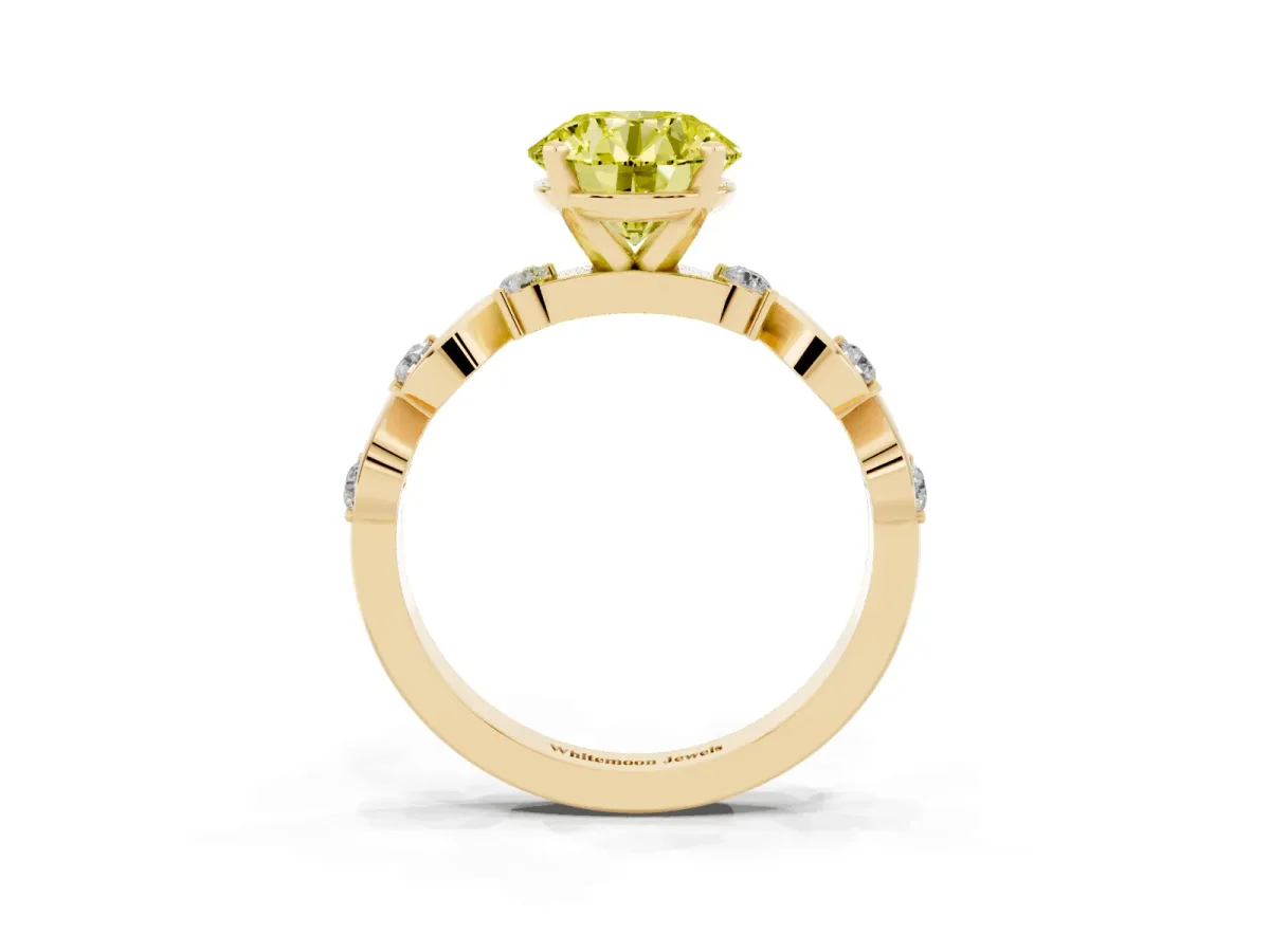 Fancy Yellow Round Cut Diamond Solitaire Twisted Band with Round Accents and Prong Setting Yellow gold