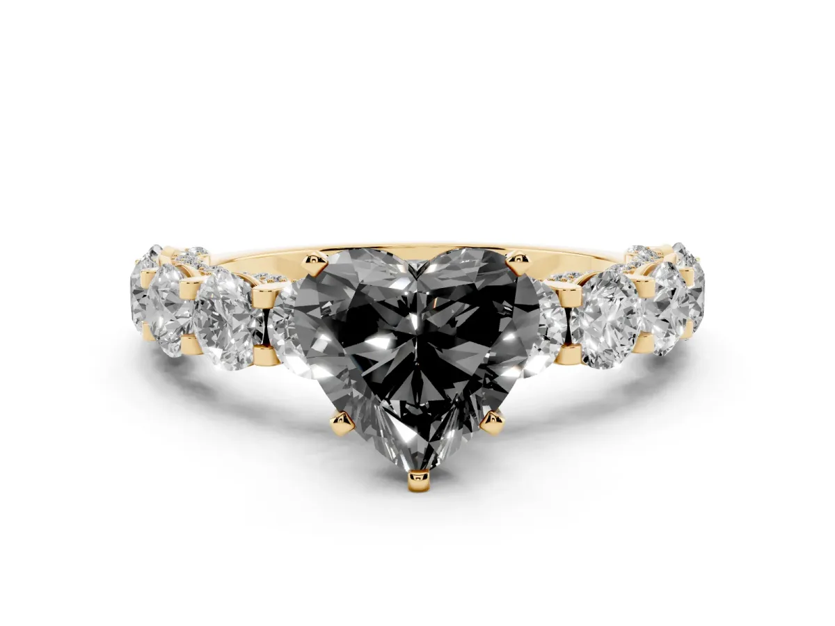 Fancy Black Heart Cut Diamond Side Stone Engagement Ring with Four-Prong Setting Yellow gold