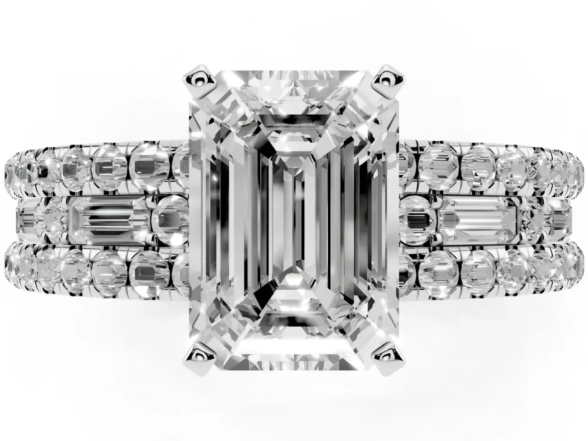 Emerald Cut Diamond Solitaire Ring with Pavé and Channel Set Band Silver