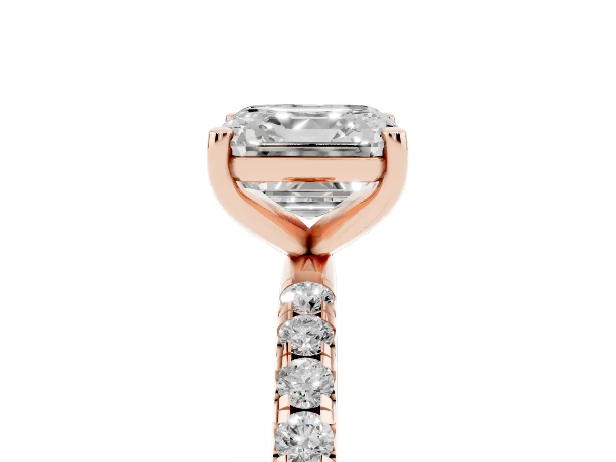 Asscher Cut Cut Diamond Solitaire Ring with Micro Pave Band and Four Prong Setting Rose gold
