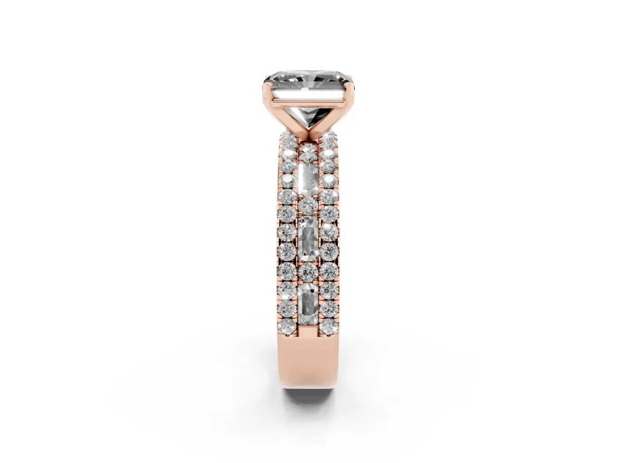 Fancy Black Radiant Cut Diamond Solitaire Ring with Pavé and Channel Set Band Rose gold