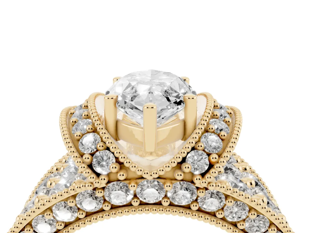 Marquise Cut Halo Pave Diamond Engagement Ring with Milgrain Detailing Yellow gold