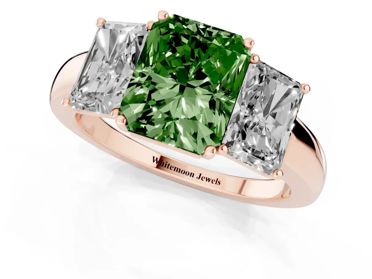 Fancy Green Radiant Cut Diamond Three-Stone Ring with Four-Prong Setting and Classic Band Rose gold