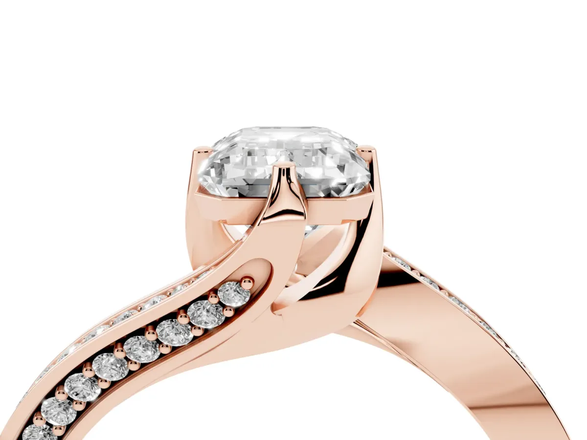 Emerald Cut Solitaire Diamond Twist Band with Pavé Setting and Four-Prong Setting Rose gold
