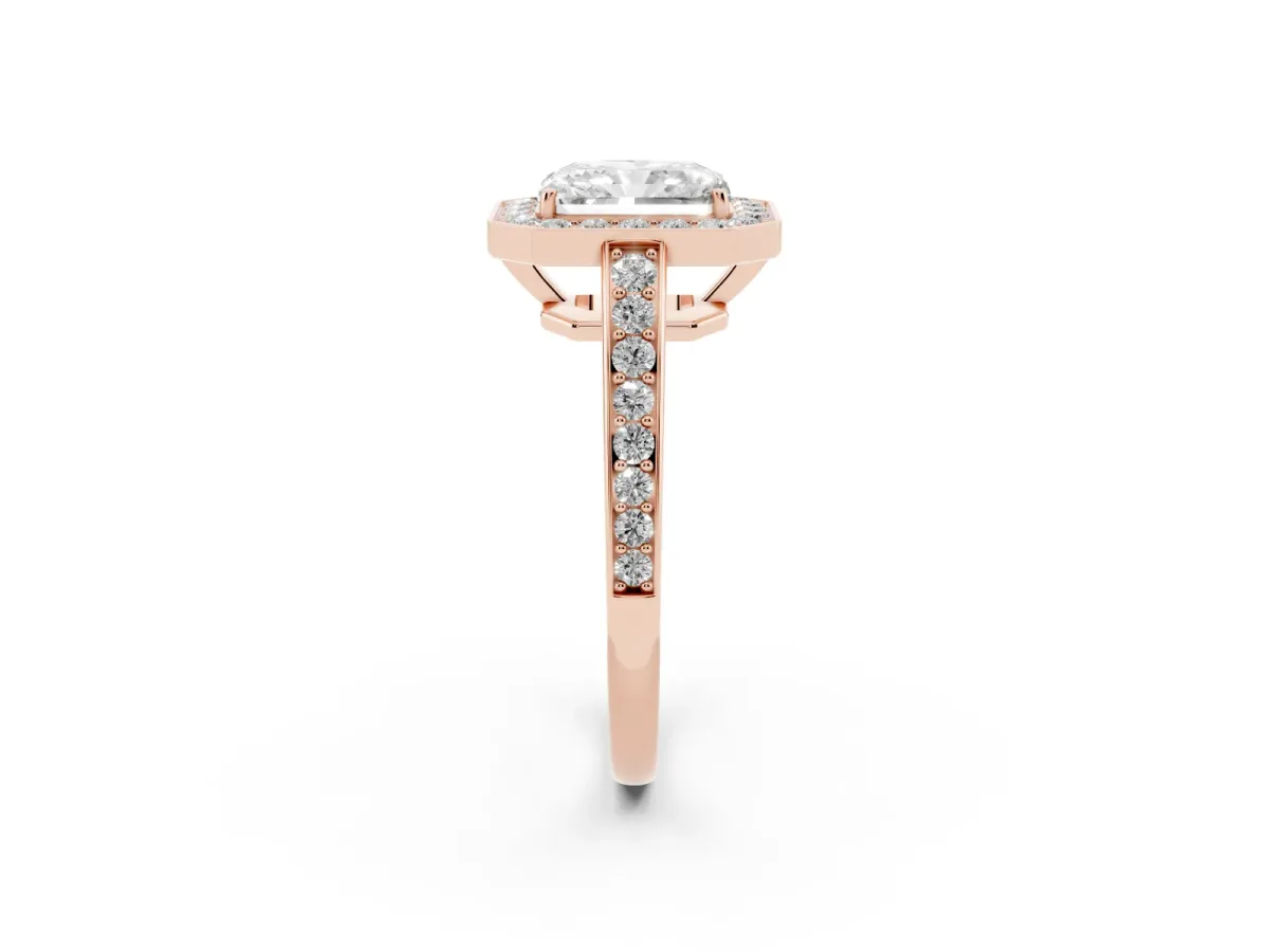 Radiant Cut Halo Pavé Diamond Engagement Ring with Bezel Setting Rose gold