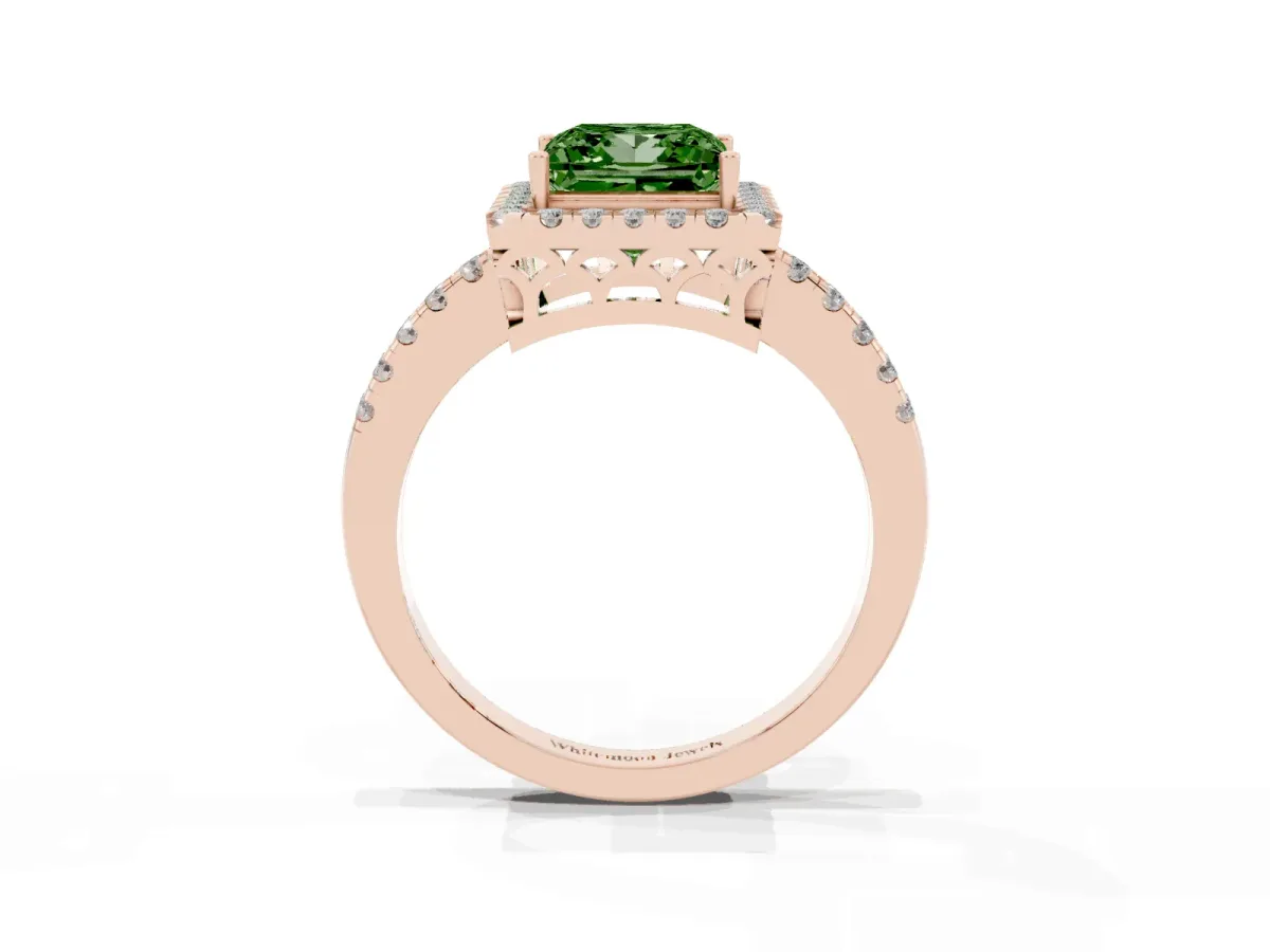Fancy Green Princess Cut Halo Diamond Engagement Ring with Pavé Band and Four-Prong Setting Rose gold