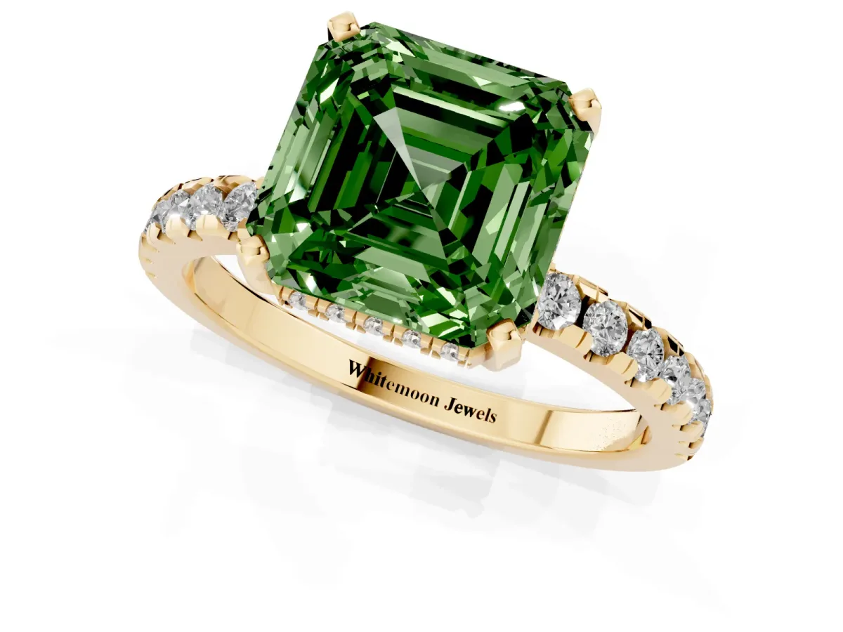 Fancy Green Asscher Cut Diamond Solitaire Ring with Round Pavé Band and Four-Prong Setting Yellow gold