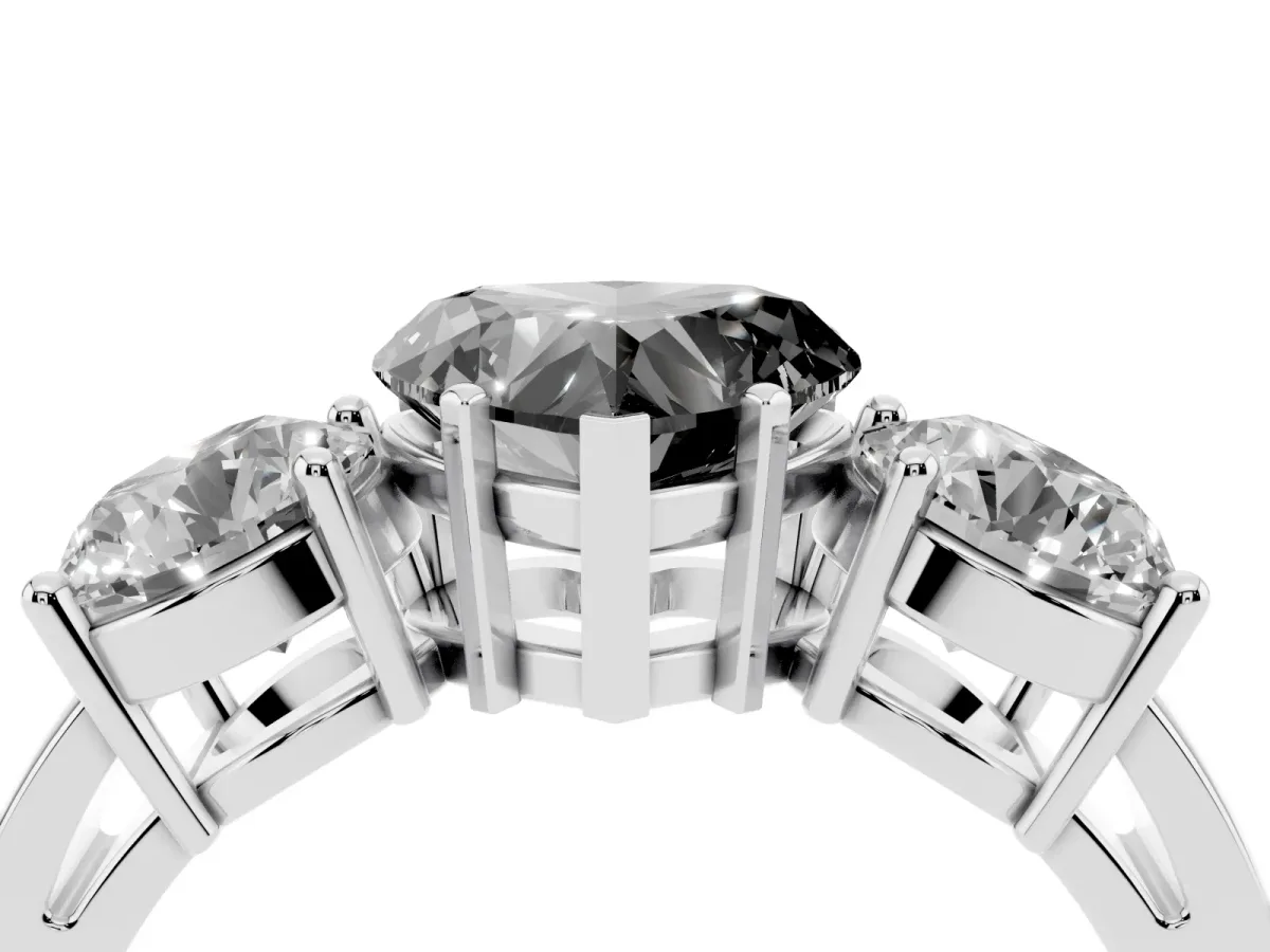 Fancy Black Three-Stone Heart Cut Diamond Ring with Round Side Stones, Classic Band, and Four-Prong Setting White gold