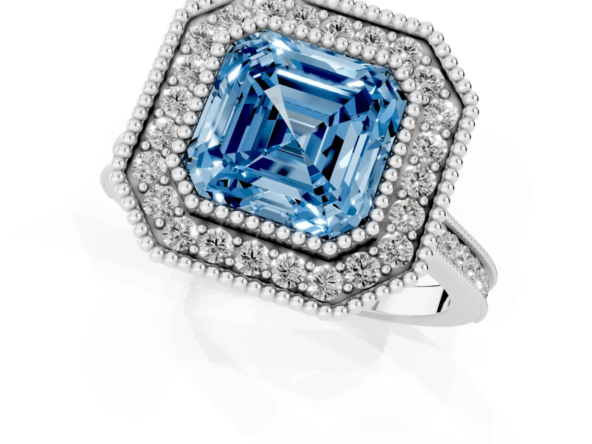 Fancy Blue Asscher Cut Diamond Halo Ring with Milgrain Frame and Pavé Band Platinum