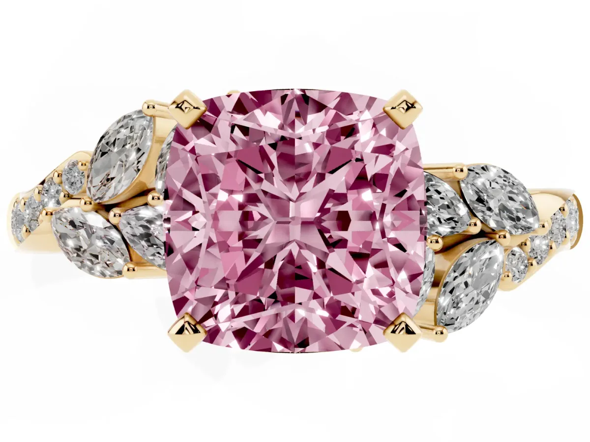 Fancy Pink Cushion Cut Solitaire Marquise Twist Band with Six-Prong Setting Yellow gold