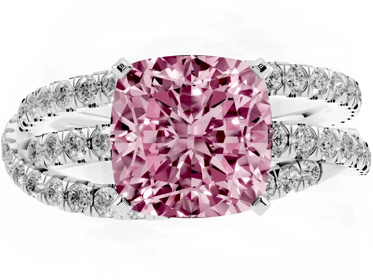 Fancy Pink Cushion Cut Solitaire Twist Band with Pavé Setting and Four-Prong Setting Silver
